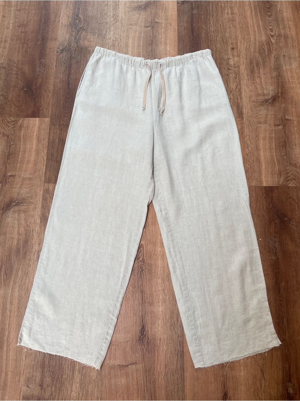 Kate Hill Womens Wide Leg Linen Drawstring Pants Large Natural Beige Raw Hem